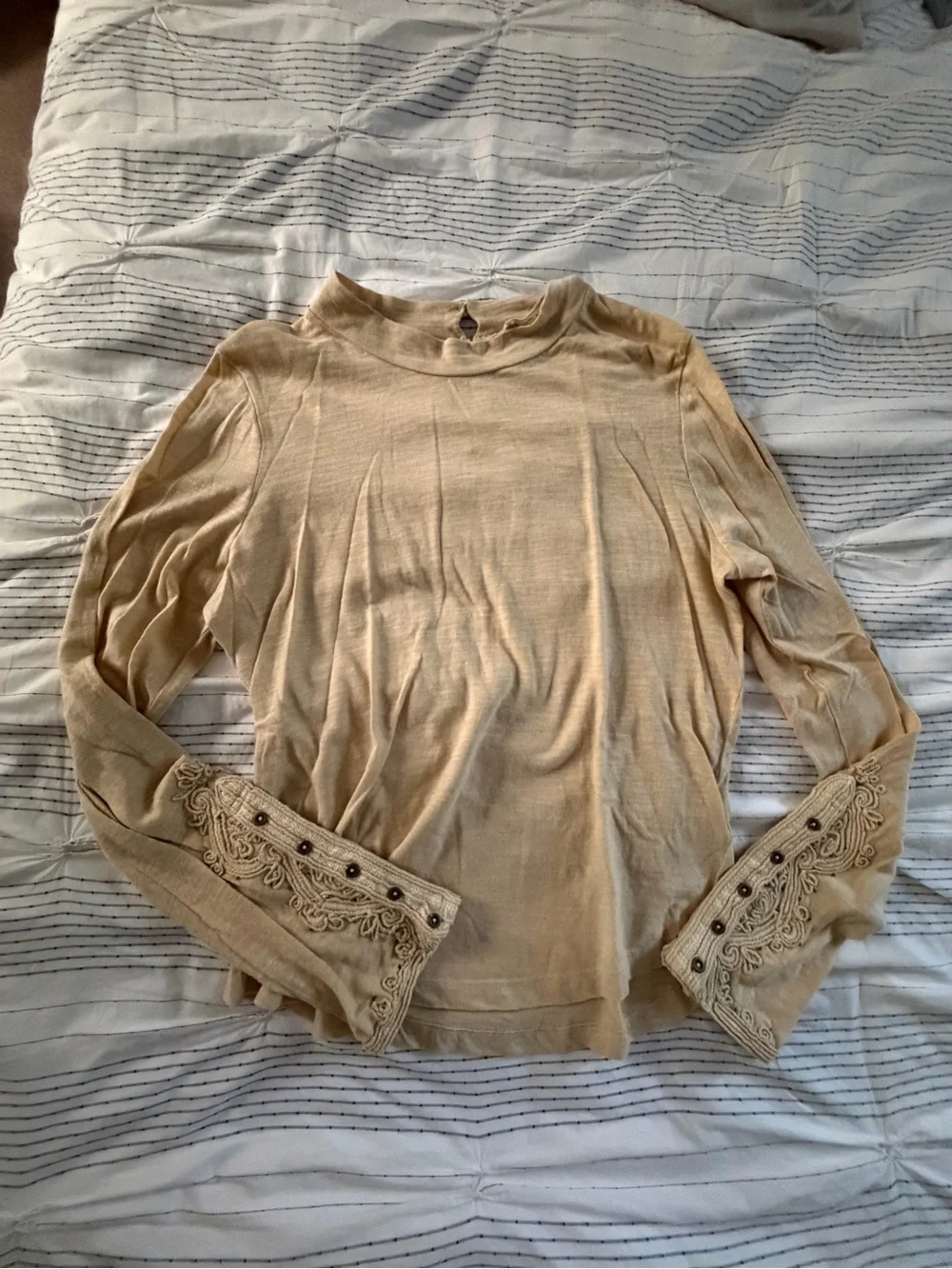 Free People Cream Embroidered Long Sleeve Top